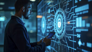 Profissional analisando um painel digital de cibersegurança com cadeado e dados de monitoramento, representando serviços gerenciados de segurança para empresas.