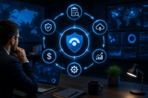 Profissional analisando a implementação do Microsoft Sentinel, com elementos que representam segurança, monitoramento, nuvem, custos, configuração e desempenho.