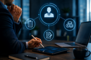 Executivo analisando informações sobre contratação de CIO as a Service, com ícones que representam gestão, contrato e custos do serviço.