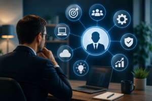 Executivo analisando os principais pilares de atuação de um vCIO, com ícones de estratégia, equipe, tecnologia, segurança, nuvem, inovação e crescimento.