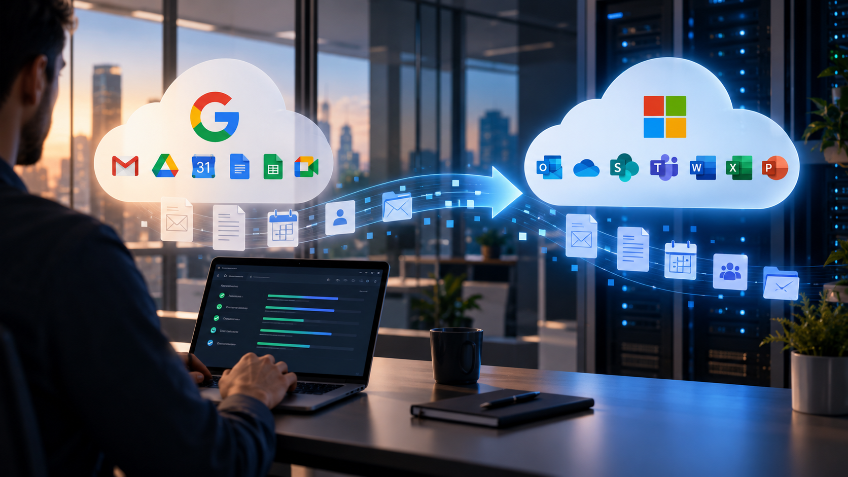 Profissional acompanhando a migração de dados, e-mails e arquivos do Google Workspace para o Microsoft 365 em ambiente corporativo.