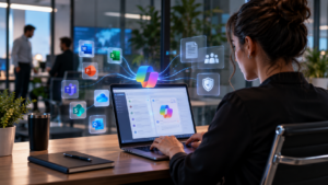 Profissional utilizando o Microsoft 365 Copilot integrado a ferramentas corporativas para produtividade, colaboração e segurança de dados.