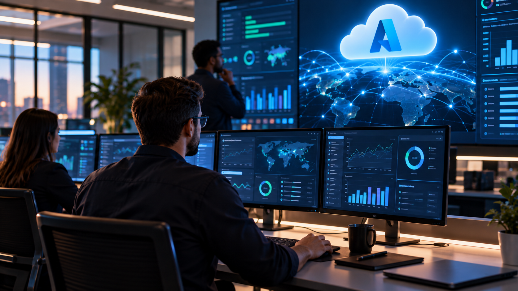 Equipe de TI monitorando infraestrutura e indicadores em ambiente de nuvem Azure, representando gestão de custos, desempenho e continuidade dos serviços.