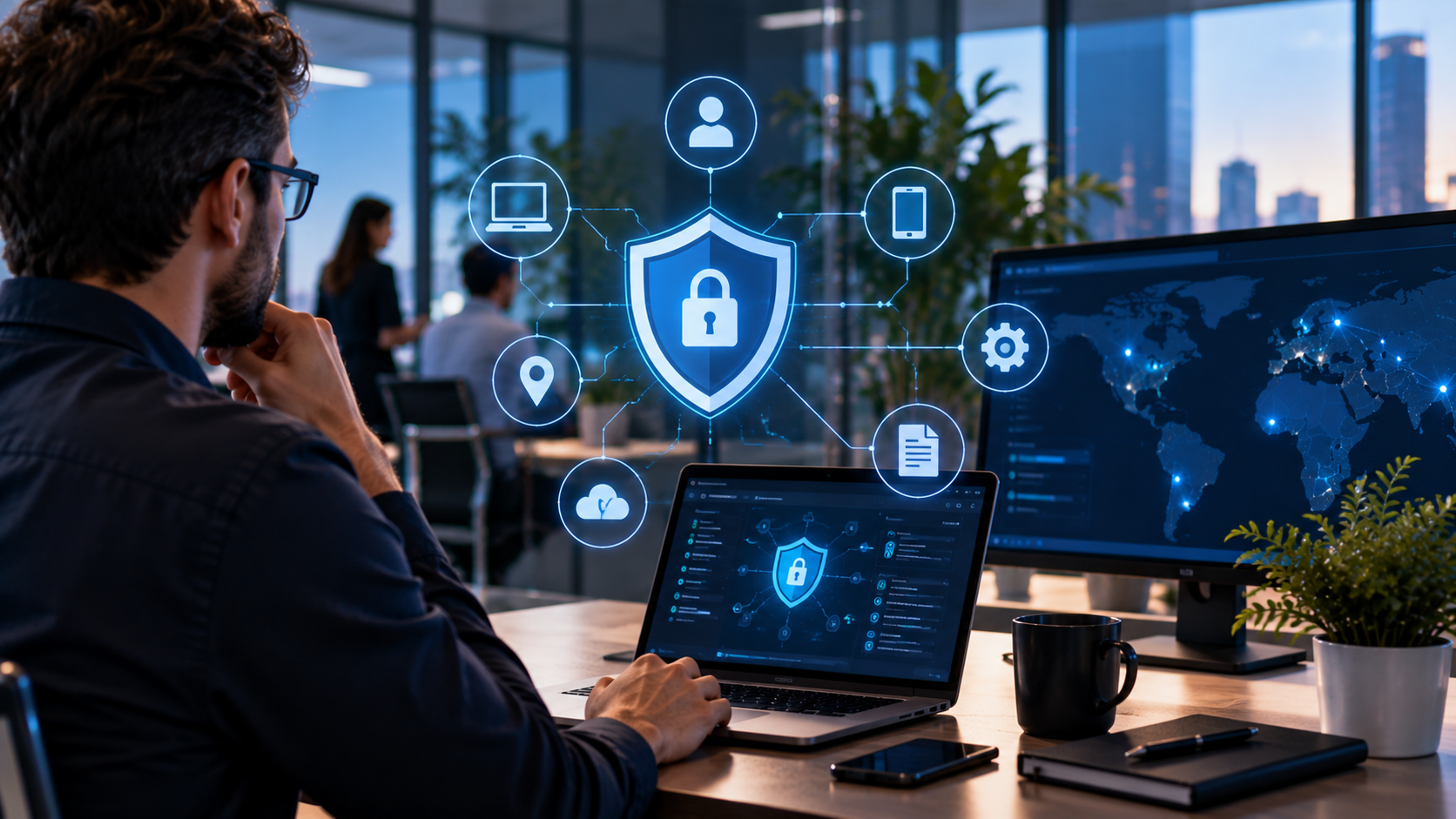 Profissional monitorando recursos digitais protegidos por controles de acesso e segurança, representando o modelo Zero Trust em ambiente empresarial.