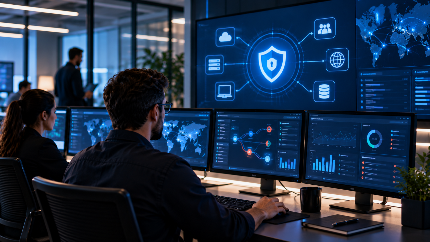 Equipe de segurança da informação monitorando ameaças, eventos e incidentes em ambiente corporativo com plataforma SIEM em nuvem Microsoft Sentinel.
