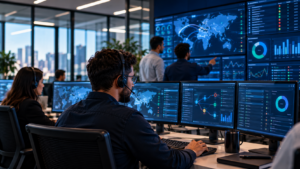 Analistas de TI monitorando servidores, redes e dispositivos em uma central de operações NOC, representando os serviços gerenciados de TI e o monitoramento proativo da infraestrutura empresarial.