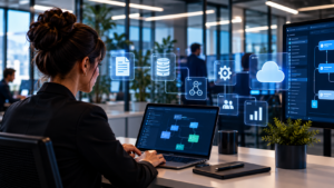 Profissional de tecnologia utilizando plataforma digital com fluxos automatizados e sistemas integrados, representando a aplicação de agentes de inteligência artificial em processos empresariais.