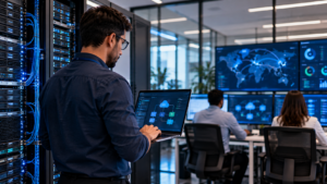 Engenheiro de TI configurando servidores em um data center integrado a uma central de monitoramento, representando a implementação de nuvem híbrida no Azure com gestão de infraestrutura local e serviços em nuvem.