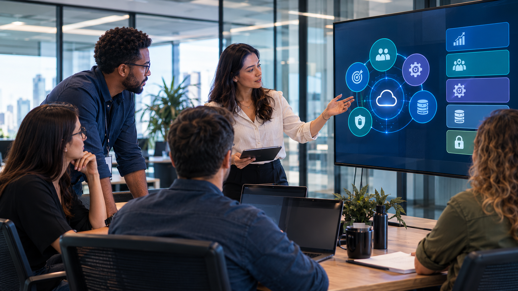 Equipe de profissionais analisando soluções digitais em um notebook, representando os pilares da transformação digital, incluindo tecnologia, processos, pessoas, dados e segurança.